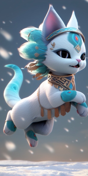 可爱的雪猫穿着幻想的蓝灰色飘带，在金字塔和沙漠的背景中奔跑——超现实的古埃及风格3D CG作品