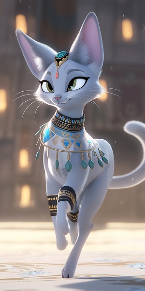 可爱的雪猫穿着幻想的蓝灰色飘带，在金字塔和沙漠的背景中奔跑——超现实的古埃及风格3D CG作品