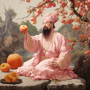 一位中国古代白衣大侠，在王母娘娘的蟠桃园里，手捧着巨大的蟠桃，细细品尝着......