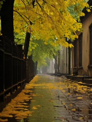 细雨蒙蒙，小巷中的梧桐树