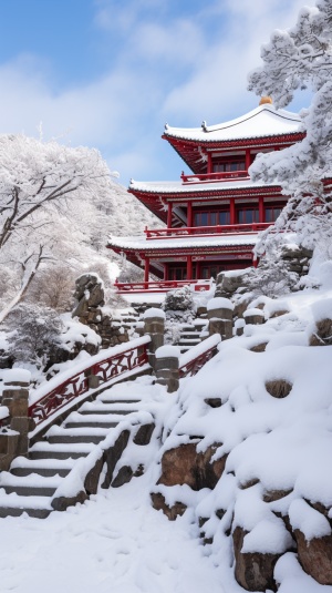 冬天的老君山，被白雪覆盖的群山台阶和主殿显得格外美丽