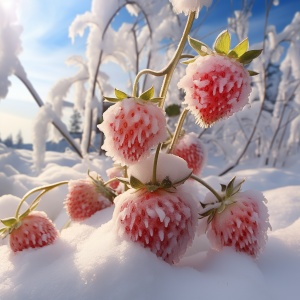 这是一个浪漫的画面，许多淡粉色的草莓和大大的草莓花在雪地里。晨光，花园的背景是微微的阳光，柔和，干净和透明，3D，大气，超高清，超级细节，CG渲染，3D效果，8K，广角镜头由理查德·施密特和萨金特，安静，白色，温柔，健康，最小值，阴影和光，美，在CG Society，理想主义，白色负空间，白色和蓝色高清，8K，尿素甲醛 v 5.2 ar 2:3