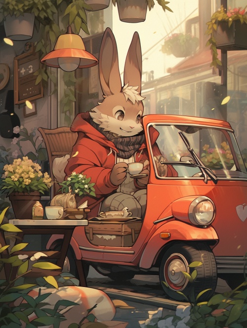 漫画兔子正穿着一件红色毛衣骑着电动车，风格为浅橙色和浅琥珀色，浪漫的内饰，动画gif，宁静的花园花景，浅黄色和浅白色，佣金，非常详细，桌子上一杯咖啡