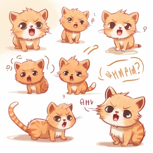A brown kitten with tiger - likepatterns and elf - like ears, angry, happy, angry, coquettish, expressing love, etc, as an illustration set, with bold comic lines, cute style, stick figure style, dynamic pose, white, f 64 group, related Personality, White background，Old Meme Kernel, Pok é mon， Chalk