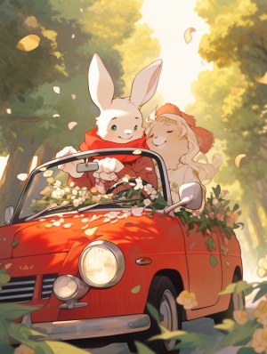 两只漫画兔子正穿着红色毛衣开着敞篷车，风格为浅橙色和浅琥珀色，浪漫的内饰，动画gif，宁静的花园花景，浅黄色和浅白色，佣金，非常详细