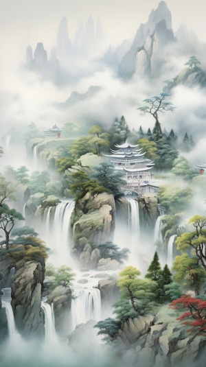 中国风中的壮丽瀑布景观