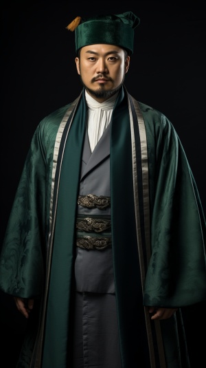 一个亚洲男人穿着传统服装，穿着浅灰色和深色翡翠风格，儒家意识形态，