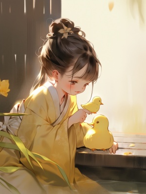 一名中国小女孩和小黄鸭仔一起玩耍，古风，汉服，可爱，轻松氛围，阳光明媚，高清画质，最佳画质