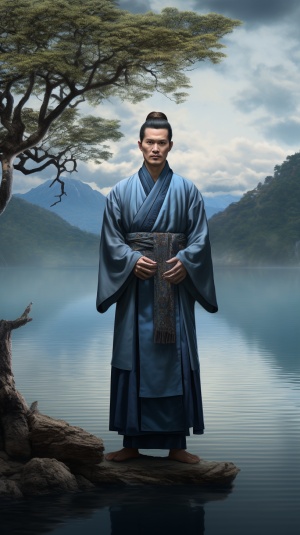 一个穿着蓝色长袍的中国男人站在湖前，采用daz3d风格，中国肖像画，圣经肖像画，mike campau，kerem beyit，逼真的超详细肖像，故事书插图