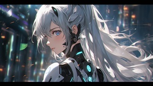 1girl,armor,bangs,blue_eyes,blurry,blurry_background,bodysuit,,cyberpunk,long_hair,looking_at_viewer,ponytail,silver_hair,skin_tight,solo,tape,upper_body,white_hair，背景虚化，科幻