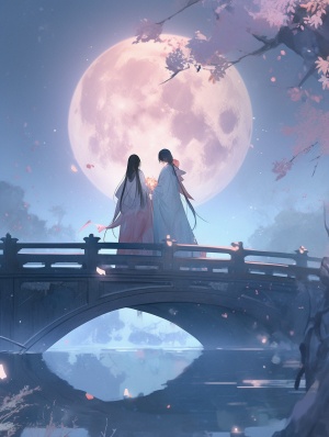 古风，双女主，一个青色汉服，一个粉色汉服，黑色长发，站在石桥上看月亮，石桥下面是水池，有许多荷花