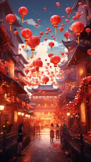 春节热闹的场景，张灯结彩，很多人在闹市上买年货，高清，红色为主题色