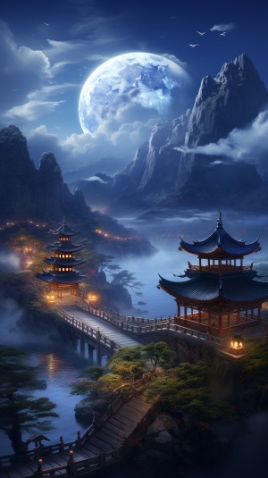 Chinese style, the place where Chinesegods live, at night, mountains and rivers,pavilions, magnificent, lights, bright lights,Chinese style palaces, palaces, inlaid withgold, clouds and mist, fairy air, summer,night, large lights, no dark corners, 3Dfairy game painting style, rich details,high-definition, ice blue, cool colors,shocking scenes, grand,game screenstyle,16kar3:4s 200q5v5.2