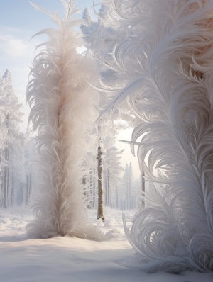 在明斯克冬季冻结的松树，雾凇，以详细的雾凇渲染，视听装置，afrofuturism启发的风格，特写，我不敢相信这是多么美丽，柔软，浪漫的场景