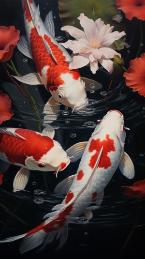 There are two red and white koi fish in the pond, with a traditional Chinese painting style, symbolizing the abundance of fish every year. The carp leap over the dragon gate