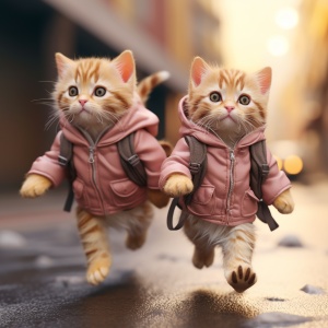 穿着帽衫的小猫奔跑在街头，何家英风格的栩栩如生描绘