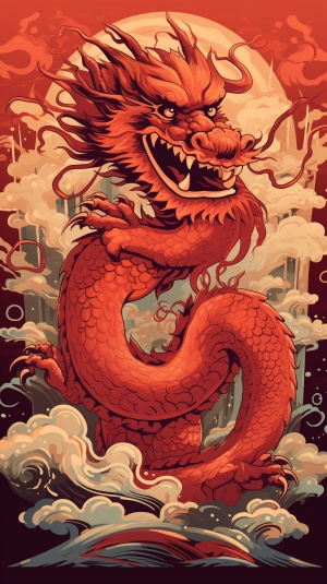 中国龙卡与红色背景的可爱动物字符在32K UHD风格下展现的独特漫画插图