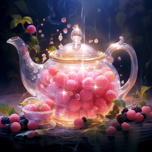 一幅被浆果包围的粉红色茶壶的画，以水晶制成的风格，我不敢相信这是多么美丽，明亮而梦幻的场景，动漫美学，浅粉和浅金，dau al set，星星艺术小组 (xing xing)