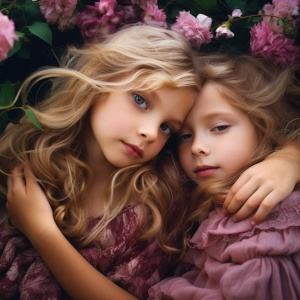美丽可爱的两个小女孩，金黄的头发，一个穿紫色衣服另一个穿粉色衣服，有花朵，在院子里拥抱
