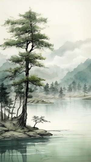 中国山水画中的平静湖面与松树