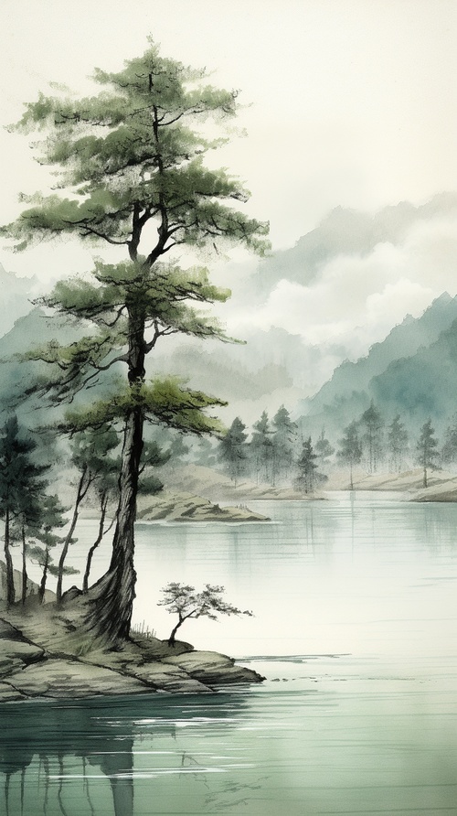 中国山水画,湖面平静,松树,