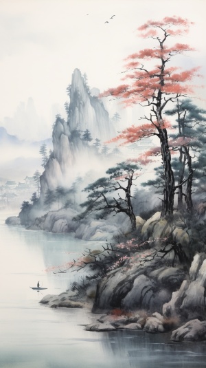中国山水画中的平静湖面与松树