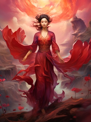 妖艳漂亮的古代女人在赤紫色岩浆中拿莲花