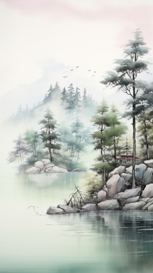 中国山水画,湖面平静,松树,