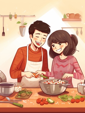 中国夫妻，厨房一起做饭，开心聊天，画面温馨，简笔画，清晰干净