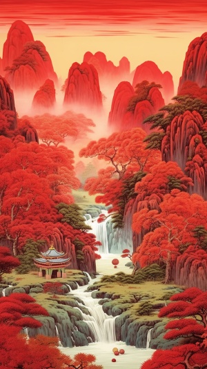 Chinese Painting: Red Landscape with Waterfall by Dai Han