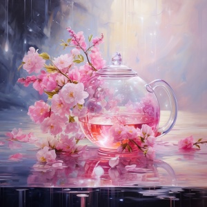 一幅用茶壶和花朵制成的画作，用水晶制成的，梦幻而浪漫，浅粉而浅红，水手月亮，我简直不敢相信这是多么美丽，波光粼粼的水倒影，精心设计
