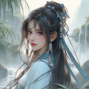 中国风插画-浅蓝色汉服女生在瀑布竹林背景中散发氛围光