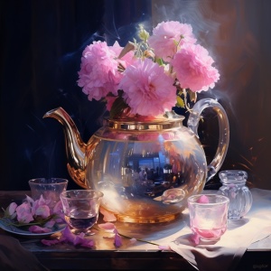 顶部有粉红色花朵的茶壶的插图，以水晶制成的风格，我不敢相信这是多么美丽，梦幻般的氛围，水手月亮，绘画，闪闪发光，serge marshennikov