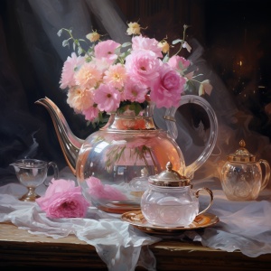 顶部有粉红色花朵的茶壶的插图，以水晶制成的风格，我不敢相信这是多么美丽，梦幻般的氛围，水手月亮，绘画，闪闪发光，serge marshennikov