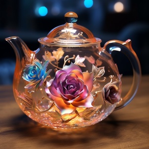 scena玫瑰茶壶，由antonov ozarky创作，以梦幻般的氛围，闪光，逼真的绘画风格，由水晶制成，卡哇伊美学，油画，我不敢相信这是多么美丽
