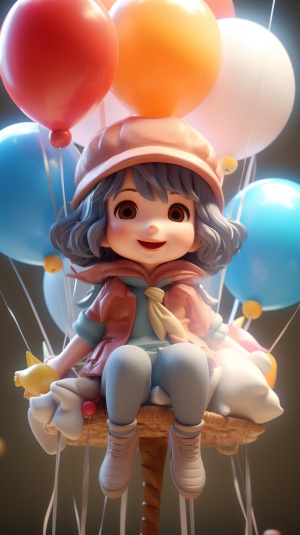 可爱的Waa小女孩坐在漂浮的气球上的冒险