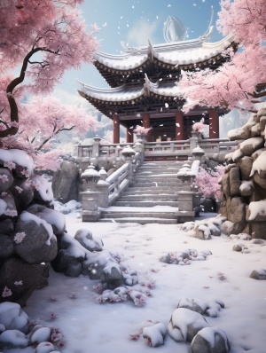 在白雪皚皚的日本庭院中，一棵棵盆景樹和閃閃發光的櫻花構成的靜謐聖地。