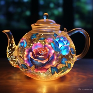 scena玫瑰茶壶，由antonov ozarky创作，以梦幻般的氛围，闪光，逼真的绘画风格，由水晶制成，卡哇伊美学，油画，我不敢相信这是多么美丽