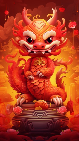 可爱的微笑的中国龙与红色背景和可爱的动物字符，在fawncore的风格，32k uhd，漫画样的插图，solapunk，钱轩，色彩强度，独特的人物设计