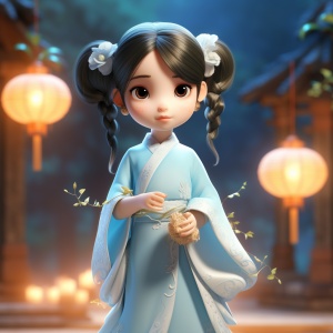 A cute little girl,ancient Chinese bun,clear skin, wearing light blue ancient Chinese costume, ancient packground, wicker, floating leaves, bright hues, soft ight, Disney Pixar 3D style, high quality,3D art, full body Blender, 8k ar 3:4 niji 5