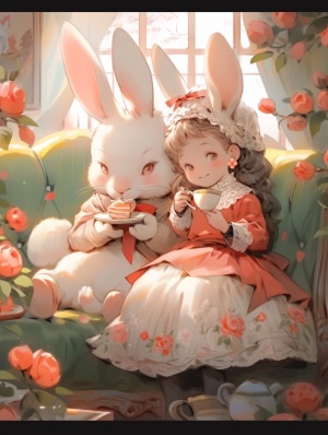 可爱大眼兔子坐草丛沙发，拿鲜花欣赏浪漫风景