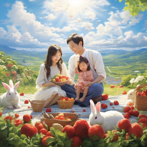 中国人幸福家庭，爸爸和妈妈、俩个姐姐、弟弟，小白兔在绿野草地上野餐，一片草莓园，开心的追逐玩耍，蝴蝶，现实生活场景，真实写实，超高清，超清晰，层次感分明。