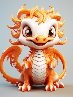 a cute Chinese dragon:2, 4 feet,fly in the sky,super detail,realistic hair,C4D rendering、 IP design,white, orange,resin,3d,blender,fine material rendering,2.5d,bright colors,simple background,detailed rendering,8k,rich detail,front view 3:4