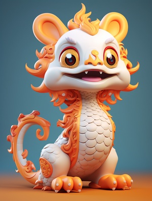 a cute Chinese dragon:2, 4 feet,fly in the sky,super detail,realistic hair,C4D rendering、 IP design,white, orange,resin,3d,blender,fine material rendering,2.5d,bright colors,simple background,detailed rendering,8k,rich detail,front view 3:4