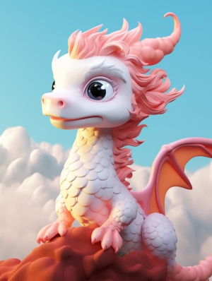 a cute Chinese dragon:2, 4 feet,fly in the sky,super detail,realistic hair,C4D rendering、 IP design,white, orange,pink.resin,3d,blender,fine material rendering,2.5d,bright colors,simple background,detailed rendering,8k,rich detail,front view 3:4
