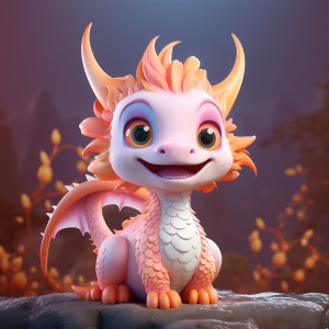 a cute Chinese dragon:2, 4 feet,fly in the sky,super detail,realistic hair,C4D rendering、 IP design,white, orange,pink.resin,3d,blender,fine material rendering,2.5d,bright colors,simple background,detailed rendering,8k,rich detail,front view 3:4 卡哇伊 超级可爱