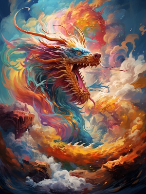 巍峨的中国龙蜿蜒盘旋在空中，鳞片上闪烁着瑰丽的光芒，龙须飘舞随风，威严的面容散发着神秘的气息。龙身上的彩带缠绕，如七彩云霞般绚丽多彩，给整个画面增添了细腻而动感的视觉效果。