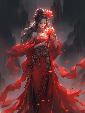 一个长相很妖艳漂亮的中国古代女人，头戴赤红色的莲花，身穿红色的衣服，走在赤紫色的岩浆之上，手拿一朵莲花