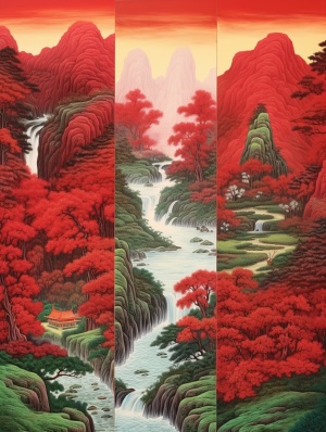 Chinese Painting of Red Landscape with Waterfall