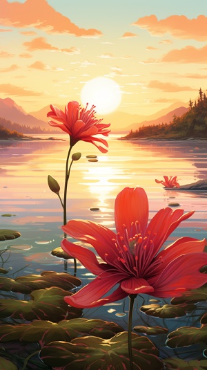 红色花的太阳光下湖水远景插画
